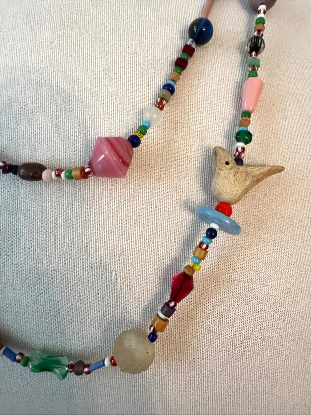 Vintage Artisan Collector Bead Necklace Handblown Glass Wood Clay Carved Bird Ex